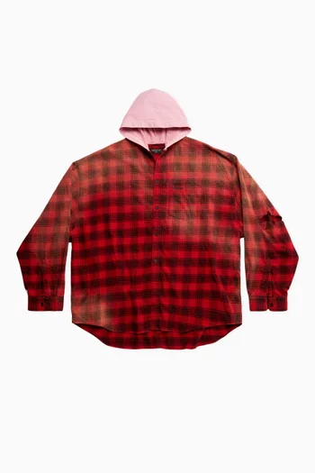 Unisex Hooded Oversized Shirt in Check Flannel & Cotton-fleece
