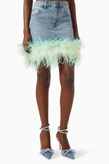 Rhinestone-embellished Feather Mini Skirt in Denim
