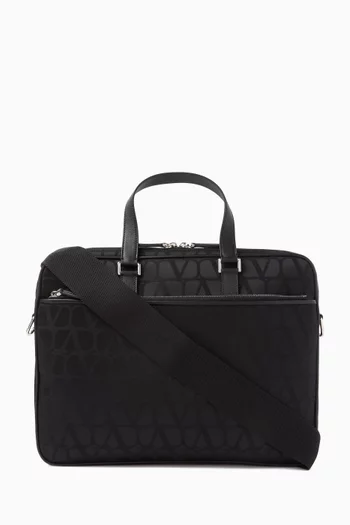 Double Handle VLOGO Briefcase in Technical Fabric and Leather