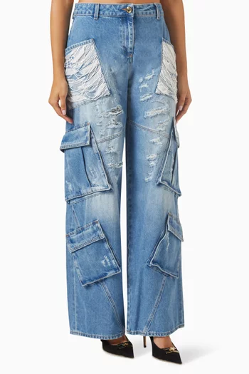 Sequined Cargo Jeans in Denim