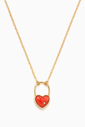 Padlock Heart Coral & Diamond Pendant Necklace in 9kt Gold