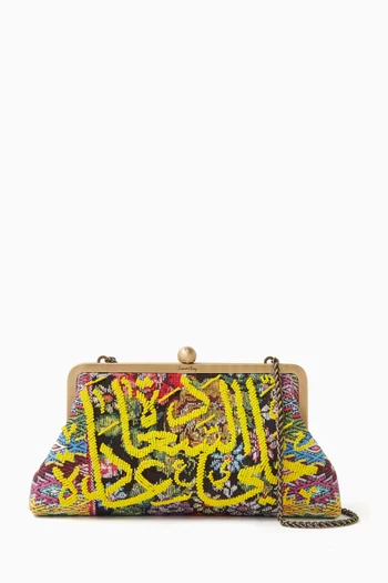 Calligraphy Beaded Clutch in Floral Jacquard Canvas