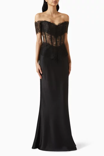 Off-shoulder Corset Gown in Lace & Satin