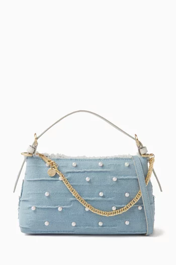 Posen Zip Top Pearl-embellished Shoulder Bag in Denim