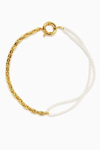 Half Pearl, Half Chain Necklace Choker in Gold-plated Brass