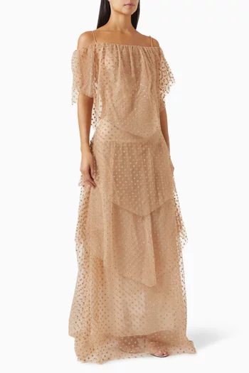 Free Off-the-shoulder Maxi Dress in Dotted Tulle