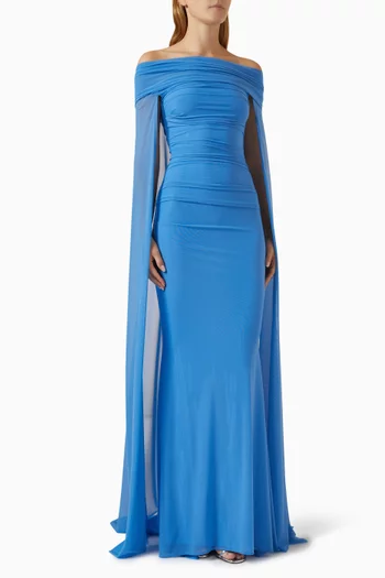 Off-the-shoulders Draped Maxi Dress in Stretch Tulle