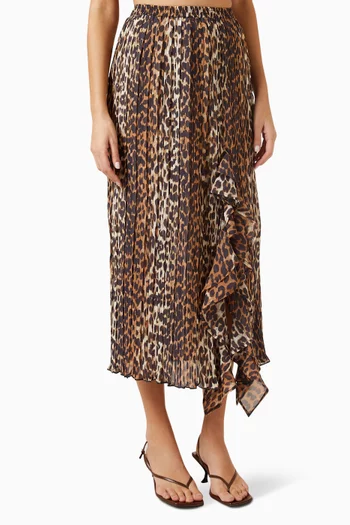 Leopard-print Flounce Midi Skirt in Pleated Georgette