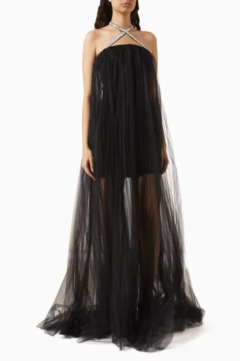 Swan Embellished-strap Maxi Dress in Crepe & Tulle