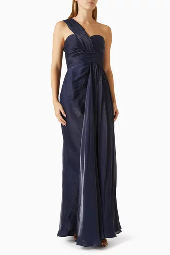 One-shoulder Pleated Chiffon Evening Gown in Polyester