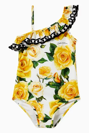 Rose-print One-piece Swimsuit in Stretch Nylon