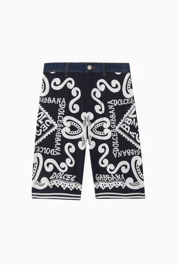 Marina-print Batik Shorts in Denim & Viscose-blend