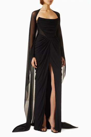 Mera Cape Gown in Mesh Tulle