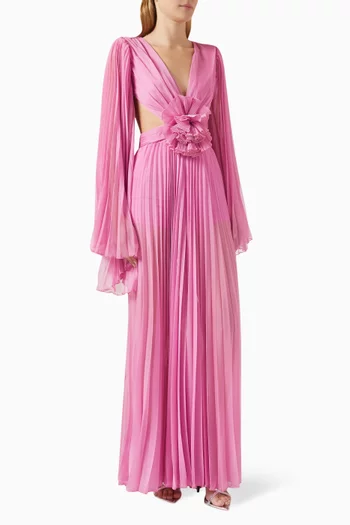 Floral Cut-out Maxi Dress in Pleated Chiffon
