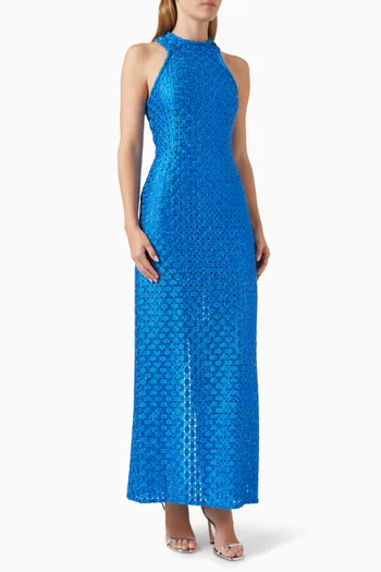 Halter-neck Embroidered Maxi Dress in Cotton-blend