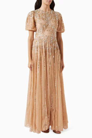 High Neck Puff Sleeve Embellished Gown