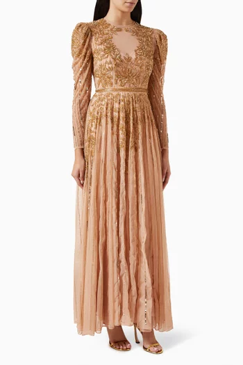 Beaded Illusion Puff Sleeve Gown