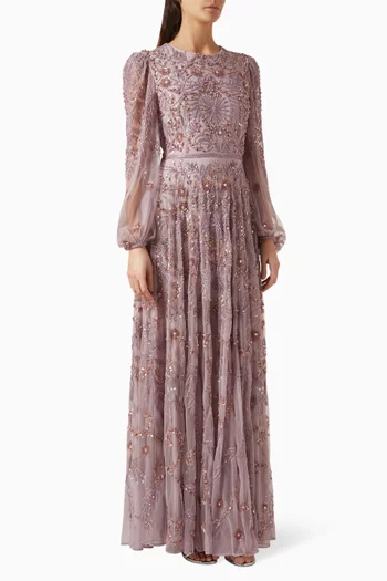 Puff Sleeve Embellished A Line Gown in Sheer Fabric