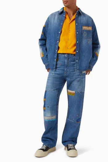 قميص بولينغ بشعار الماركة بتصميم يبدو كالمخفي قطن بوبلين