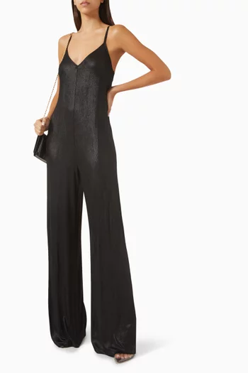 Laminated V-neck Jumpsuit in Ribbed Jersey