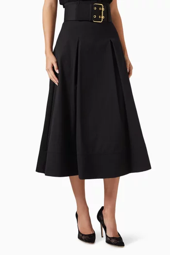 Belted A-line Midi Skirt in Cotton