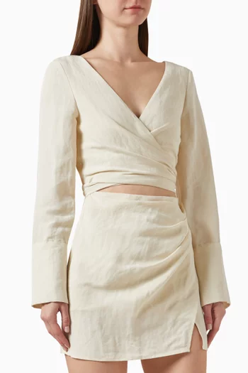Wrap Long Sleeve Mini Dress in Linen