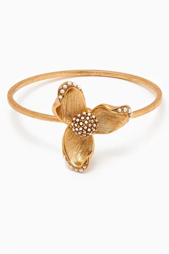 Tri Leaf Pearl Flower Bangle Bracelet in Metal