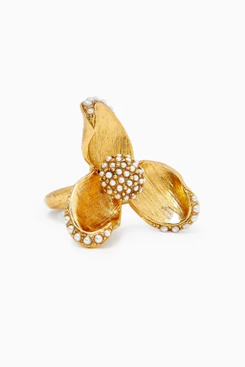 Tri Leaf Pearl Flower Ring in Metal