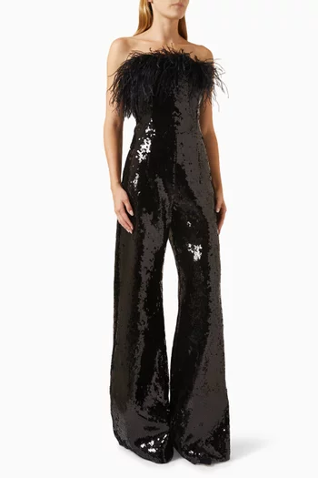 Taree Feather-trim Strapless Jumpsuit in Sequins