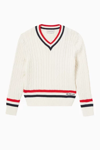 Tricolour Striped V-neck Sweater in Cotton Knit