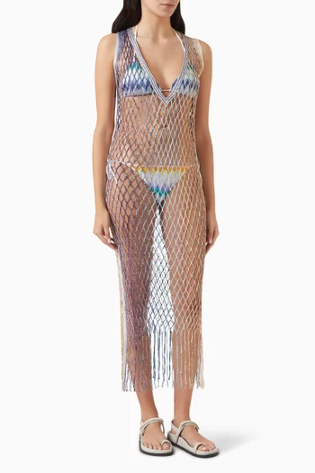 فستان طويل للارتداء فوق ملابس السباحة نسيج رايون شبكي
