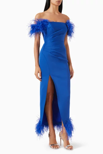 Off-shoulder Feather-trim Gown