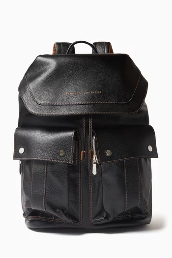 Contrast-stitch Backpack in Grained Leather