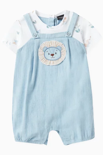 Lion-patch Overalls Romper in Cotton