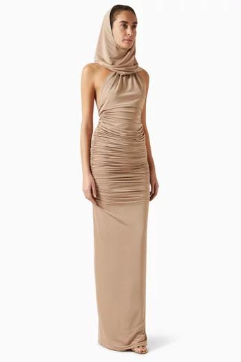 Ruched Hooded Maxi Dress in Jersey