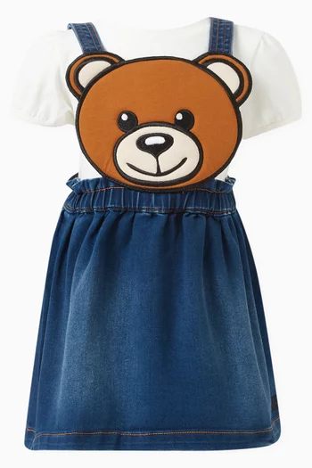 Teddy Bear Dungaree Dress Set in Cotton-denim