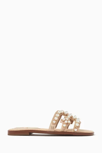 Bay 22 Pearl-embellished Slide Sandals in Linen