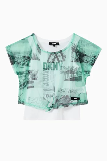 New York-print T-shirt in Stretch Cotton & Printed Mesh