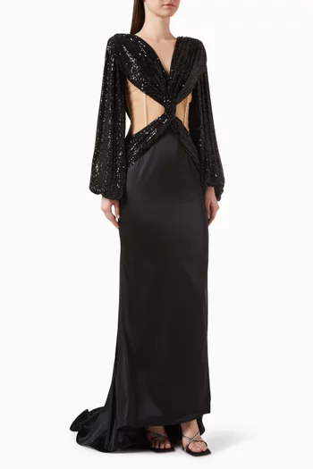 Knotted Cut-out Gown in Sequins & Satin