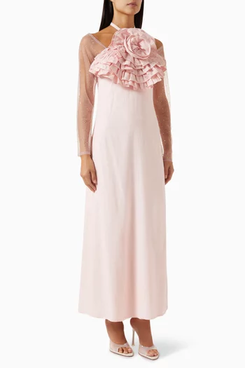 Rosette-applique Maxi Dress in Linen