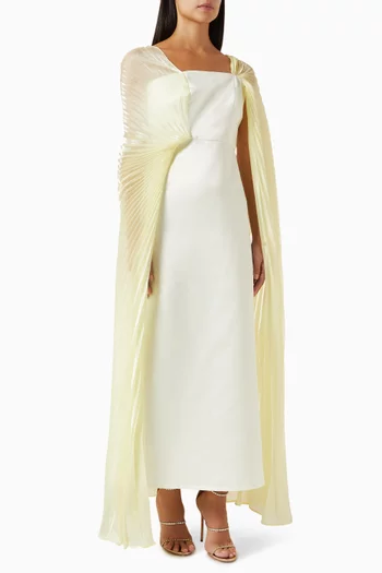 Pleated Cape-sleeve Maxi Dress in Stretch-satin