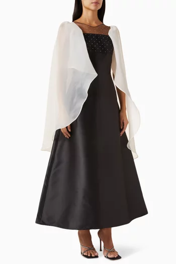 Cape-sleeve Maxi Dress in Satin