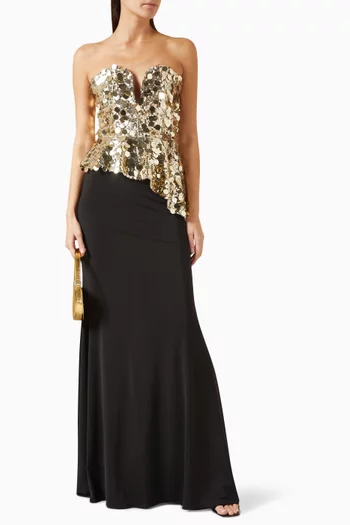 Bustier Gown in Mirrored Sequins & Crepe