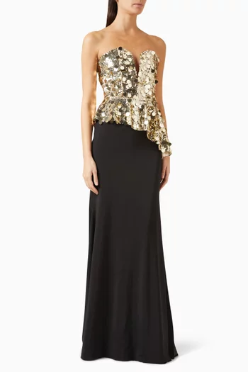 Bustier Gown in Mirrored Sequins & Crepe
