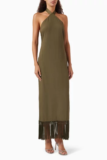 Nina Fringe Midi Dress in Crepe Cady