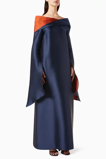 Big Shoulder Oversized-sleeves Maxi Dress in Silky-taffeta