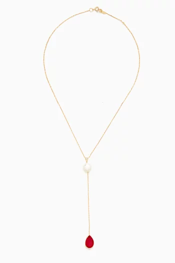 Ruby, Pearl & Diamond Lariat Necklace in 18kt Gold