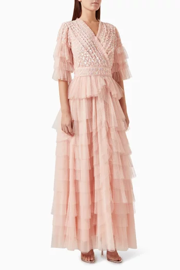 Ruffled Embellished Maxi Dress in Tulle