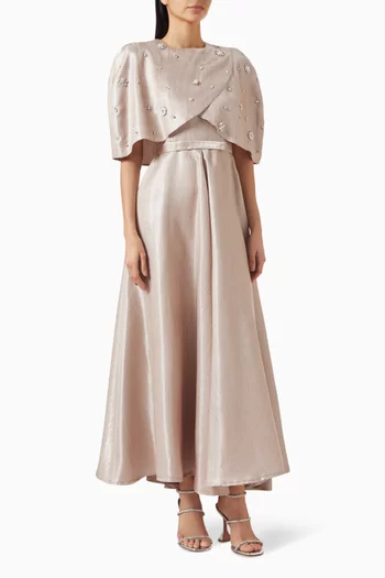 Crystal-embellished Dress & Cape Set in Brocade