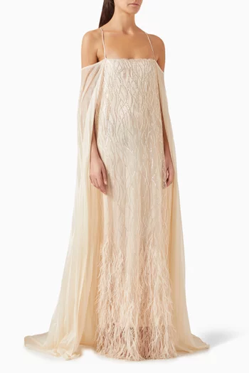 Carla Feather-embellished Maxi Dress in Rayon